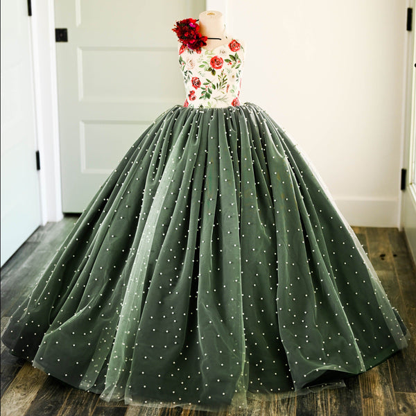 PRE-ORDER: "Christmas Rose" in Green: Full Length with Pearl Overlay