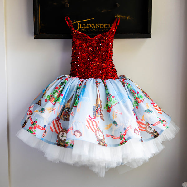 READY to SHIP Christmas SALE: Red Velvet and Sequins with Blue Nutcracker: Size 7, fits 5-9