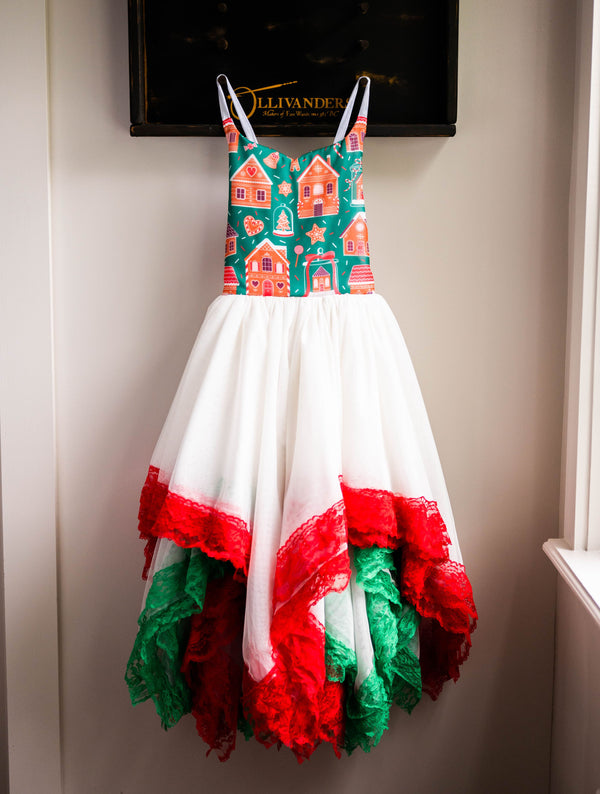 READY to SHIP Christmas SALE: Red, Green, and White Gingerbread with Lace Hem: Size 10, fits 8-12 +