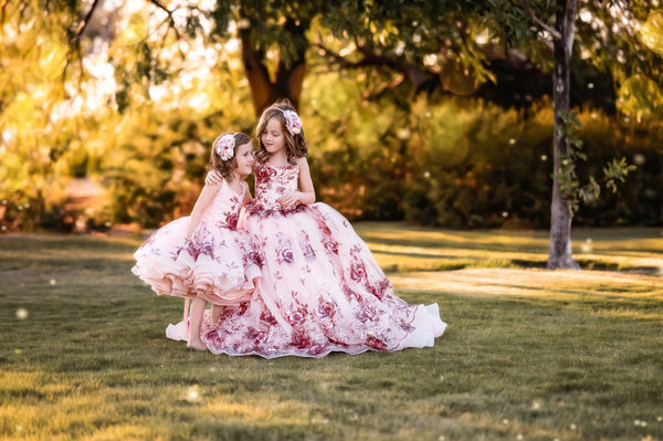 Traveling Rental Dress: Glitter Rose Sister Set: Full length size 8, fits 6-10. Shortie size 5, fits 3-7