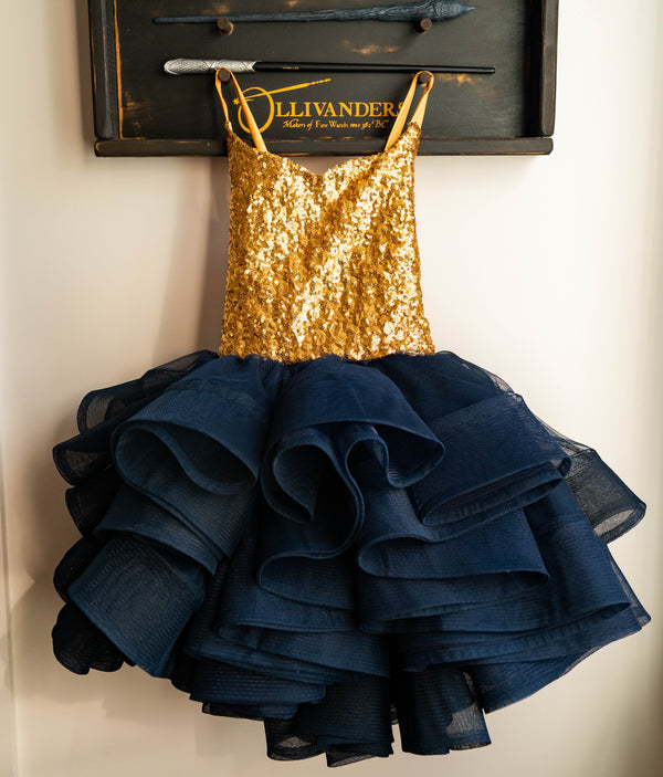 READY to SHIP: Gold Sequins and Navy: Half Full Petal Style: Size 10, fits 8-12 +