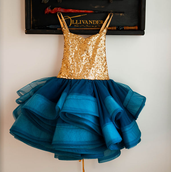 Size 6, fits READY to SHIP: Gold Sequins and Teal: Half Full Petal Style: Size 6, fits 4-8