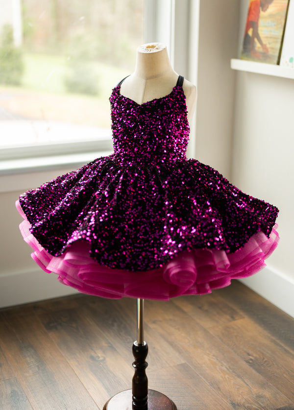 Traveling Rental Dress: Rocker Girl Glam Gown: Velvet Sequins in Black and Hot Pink: Size 5, fits 3-7 +