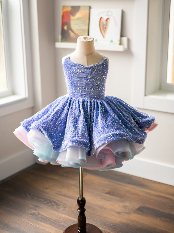 Traveling Rental Dress: Periwinkle Princess Gown: Velvet Sequins: Size 10, fits 8-12+