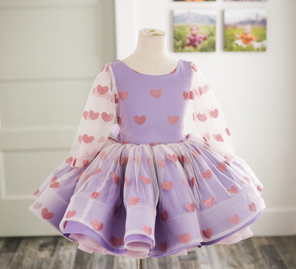 READY to SHIP: Olivia in Pink Hearts/Lavender Taffeta/Pink Horsehair Layers: V-Day